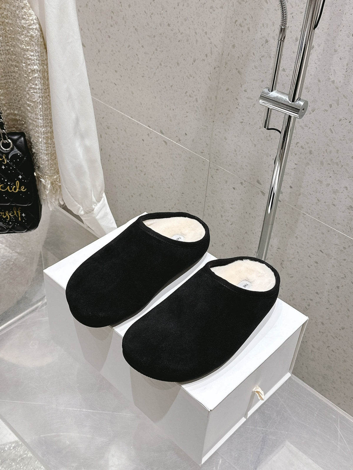 The Row Slipper Black White Cowhide Wool 402119