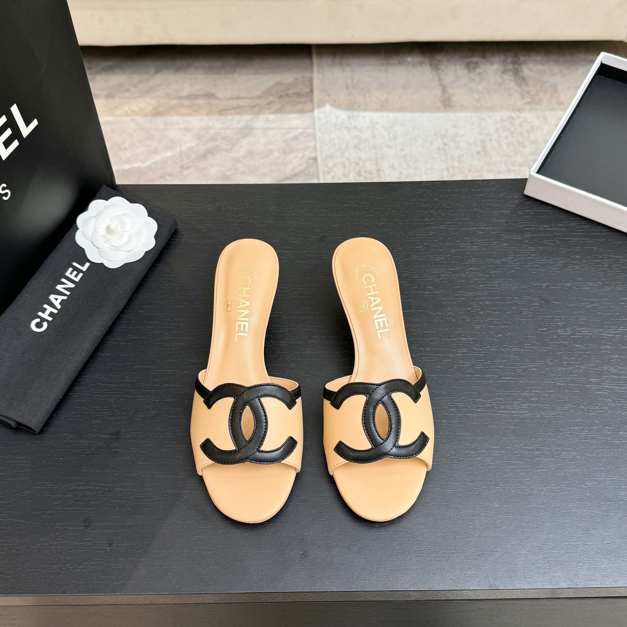 Chanel 2026 Heeled Sandal Beige Black Lambskin