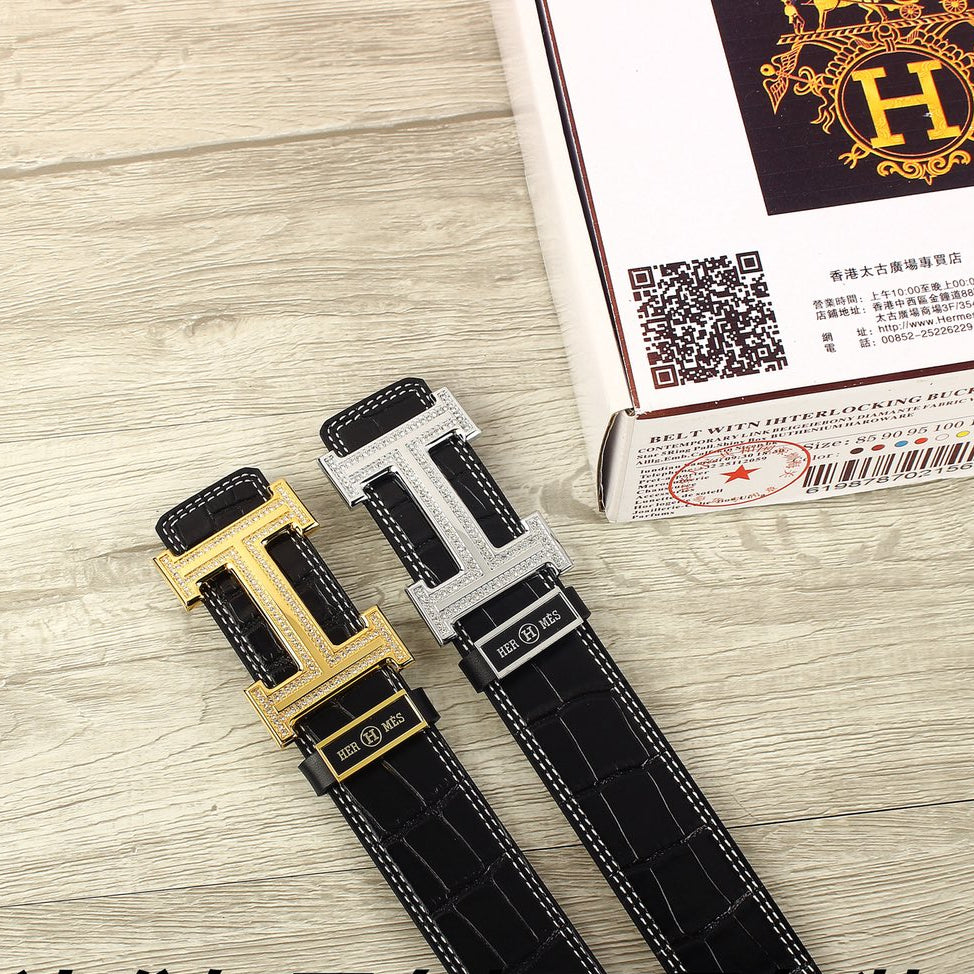 HM Original Belt 38mm Black Crocodile Pattern Gold Buckle 620264