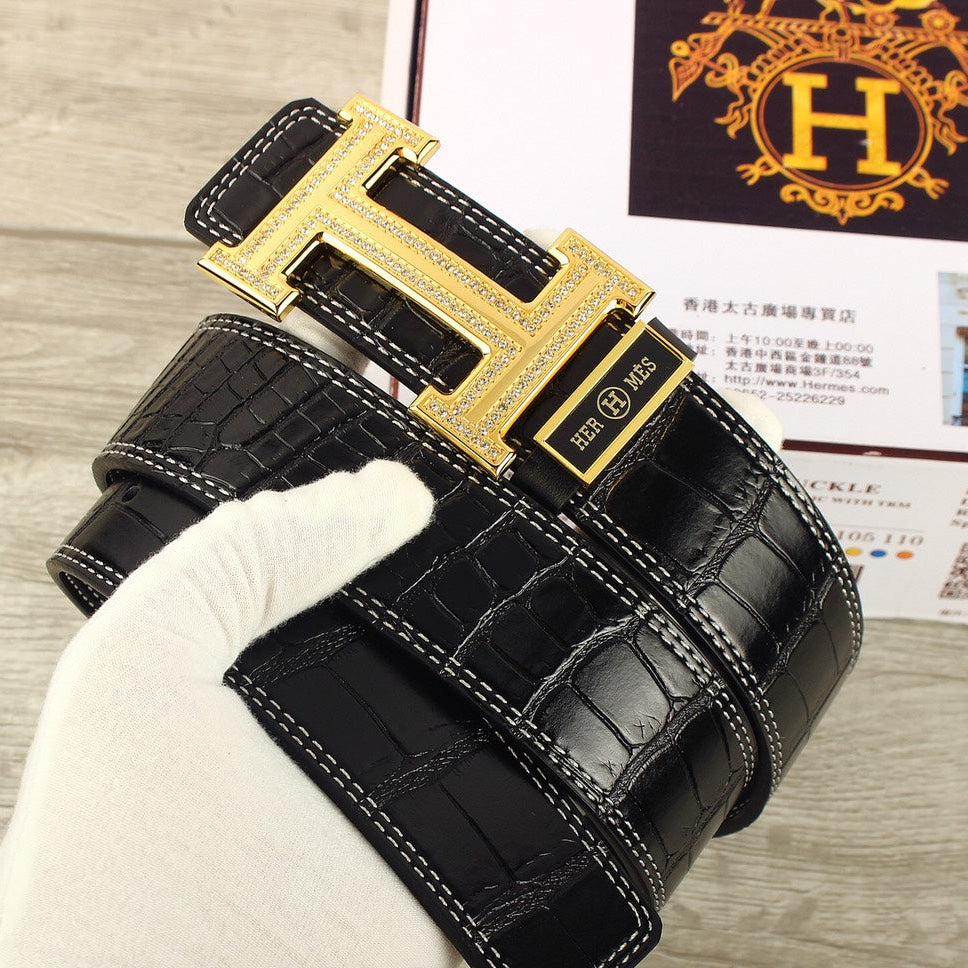 HM Original Belt 38mm Black Crocodile Pattern Gold Buckle 620264