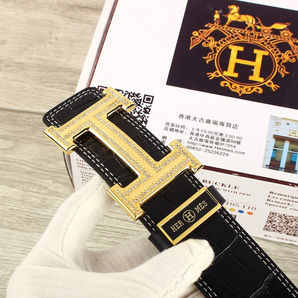 HM Original Belt 38mm Black Crocodile Pattern Gold Buckle 620264