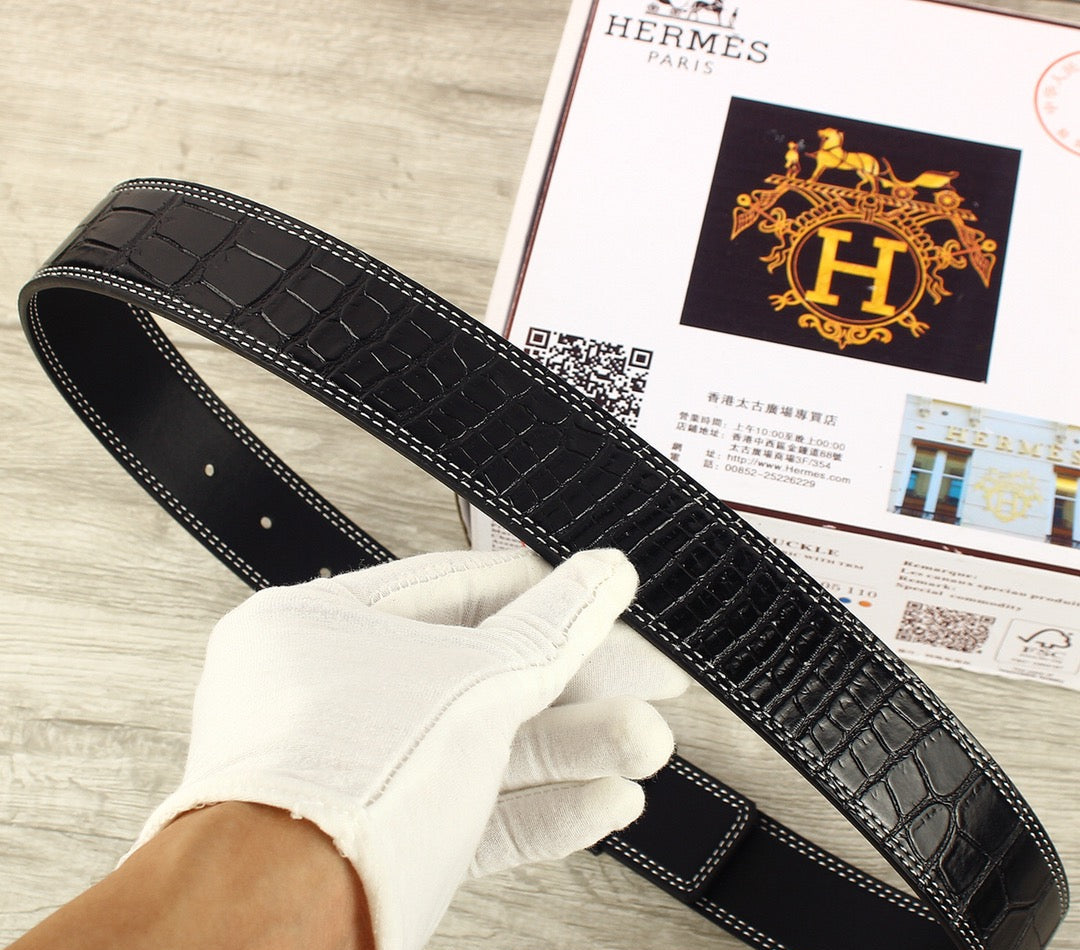 HM Original Belt 38mm Black Crocodile Pattern Gold Buckle 620264