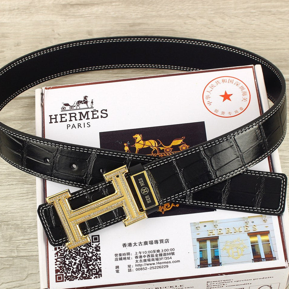 HM Original Belt 38mm Black Crocodile Pattern Gold Buckle 620264