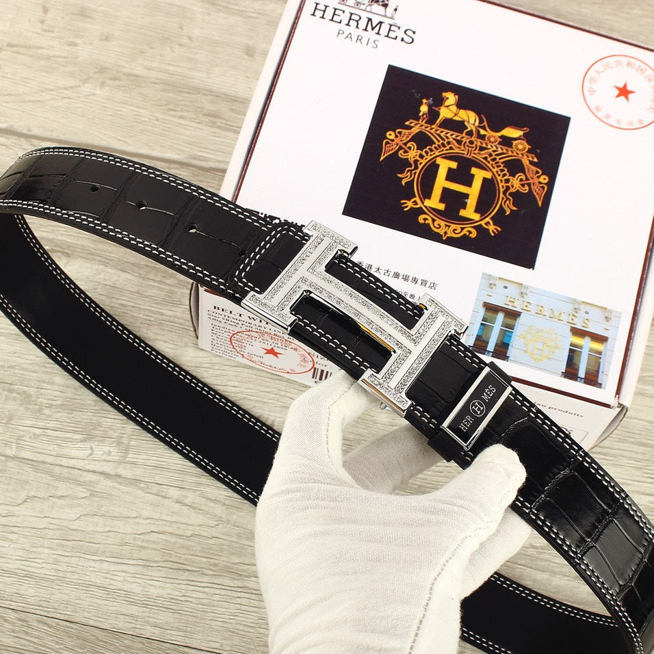 HM Original Belt 38mm Black Crocodile Pattern Sliver Buckle 620265