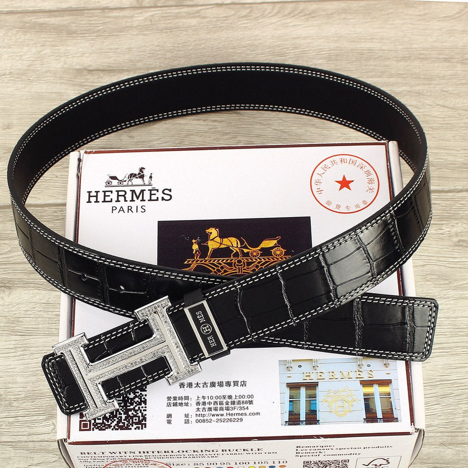 HM Original Belt 38mm Black Crocodile Pattern Sliver Buckle 620265