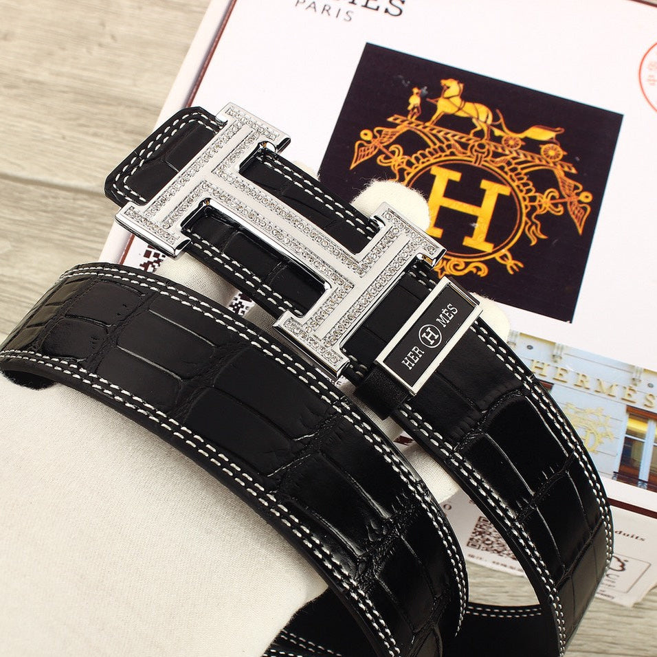 HM Original Belt 38mm Black Crocodile Pattern Sliver Buckle 620265