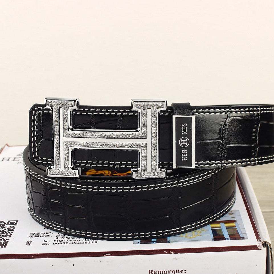 HM Original Belt 38mm Black Crocodile Pattern Sliver Buckle 620265