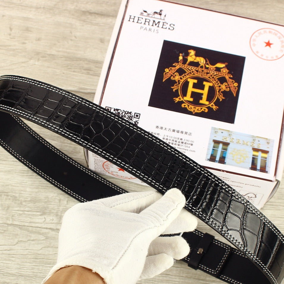 HM Original Belt 38mm Black Crocodile Pattern Sliver Buckle 620265