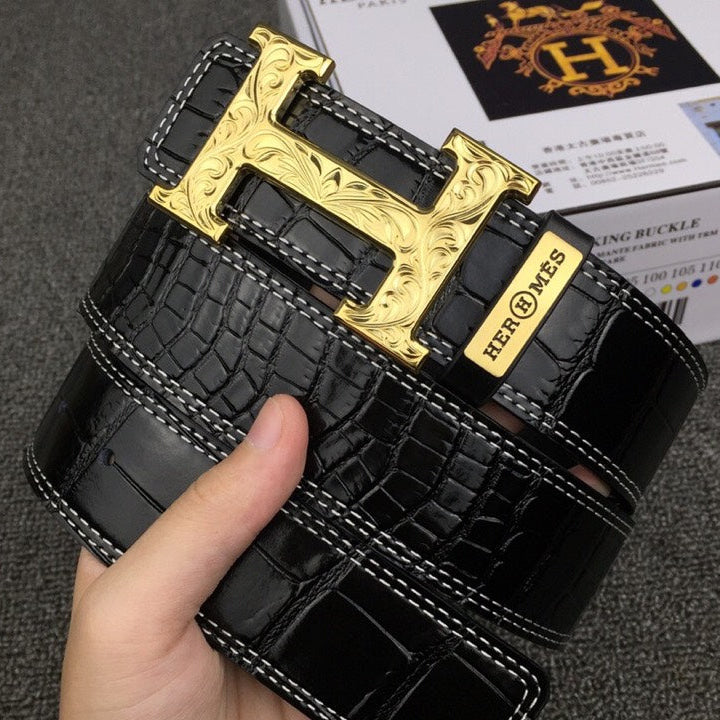 HM Belt 38mm Black Crocodile Leather Gold Buckle 619361