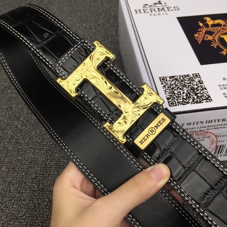HM Belt 38mm Black Crocodile Leather Gold Buckle 619361