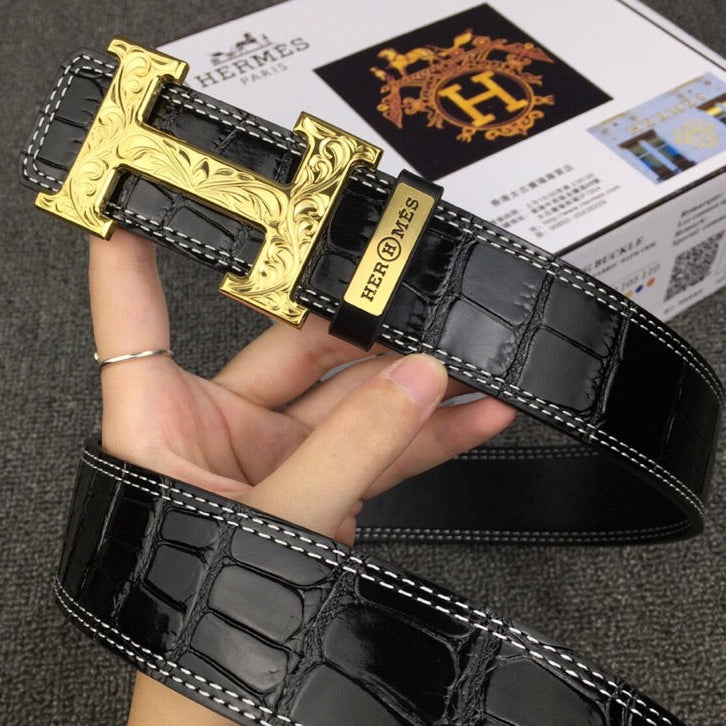 HM Belt 38mm Black Crocodile Leather Gold Buckle 619361