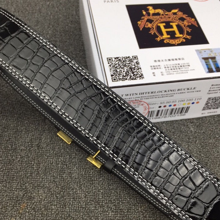 HM Belt 38mm Black Crocodile Leather Gold Buckle 619361