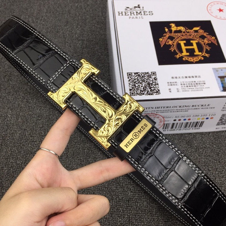 HM Belt 38mm Black Crocodile Leather Gold Buckle 619361