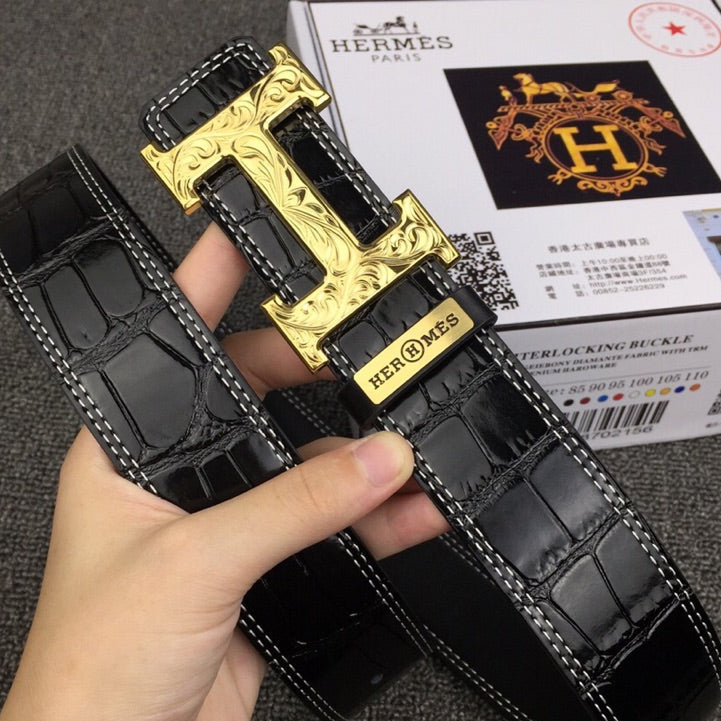 HM Belt 38mm Black Crocodile Leather Gold Buckle 619361