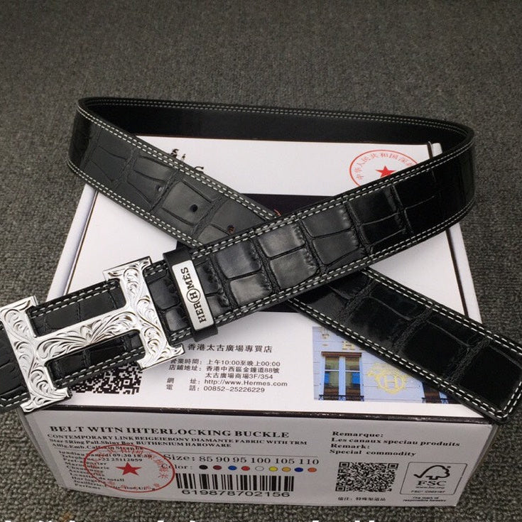 HM Belt 38mm Black Crocodile Leather Sliver Buckle 619362