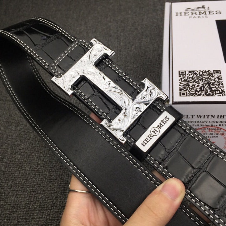 HM Belt 38mm Black Crocodile Leather Sliver Buckle 619362