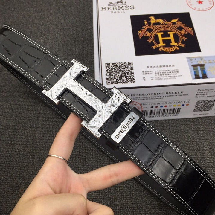 HM Belt 38mm Black Crocodile Leather Sliver Buckle 619362
