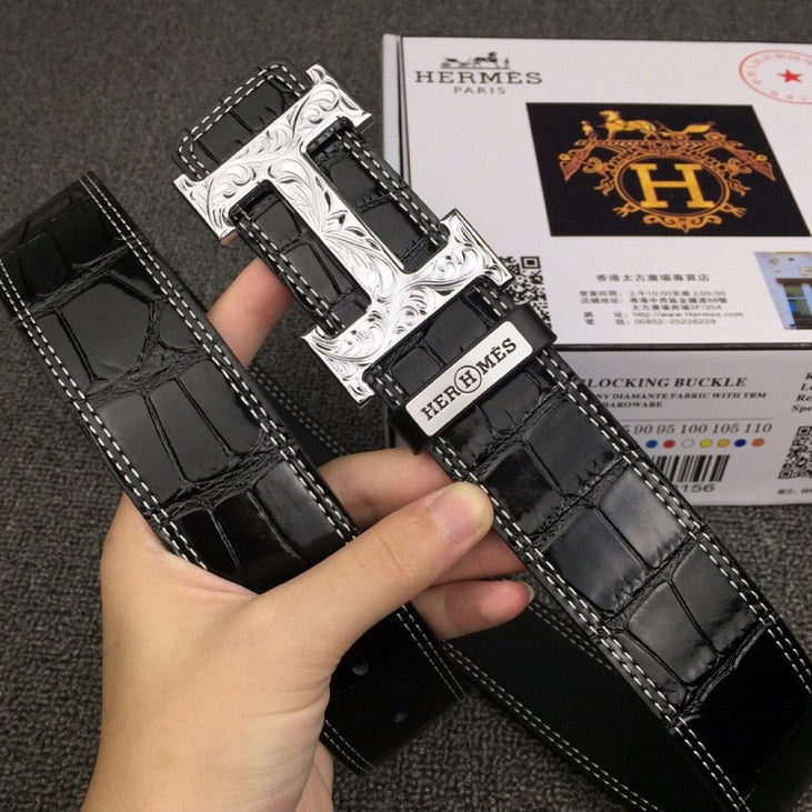 HM Belt 38mm Black Crocodile Leather Sliver Buckle 619362