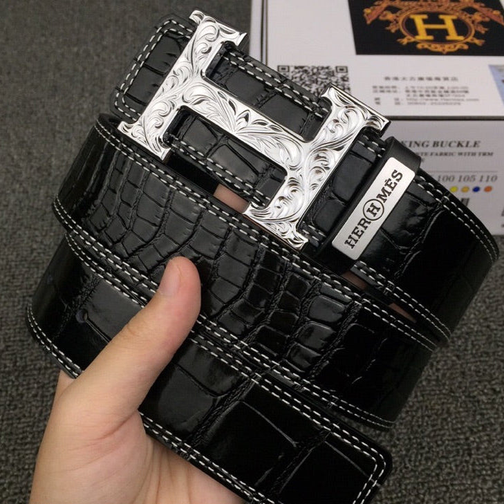 HM Belt 38mm Black Crocodile Leather Sliver Buckle 619362