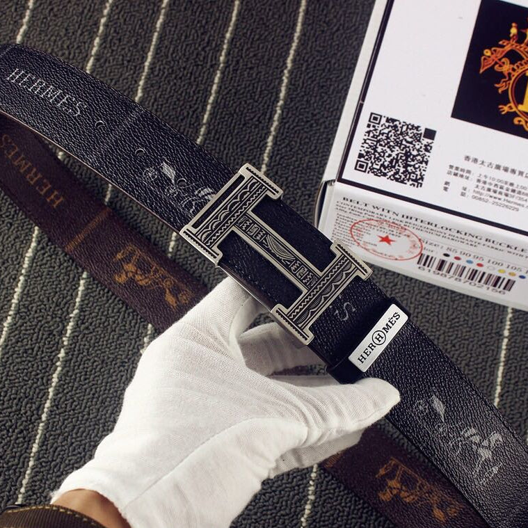 HM Double-sided Belt 38mm Black Cowhide Gold Buckle 620361