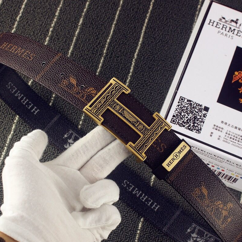 HM Double-sided Belt 38mm Black Cowhide Gold Buckle 620361