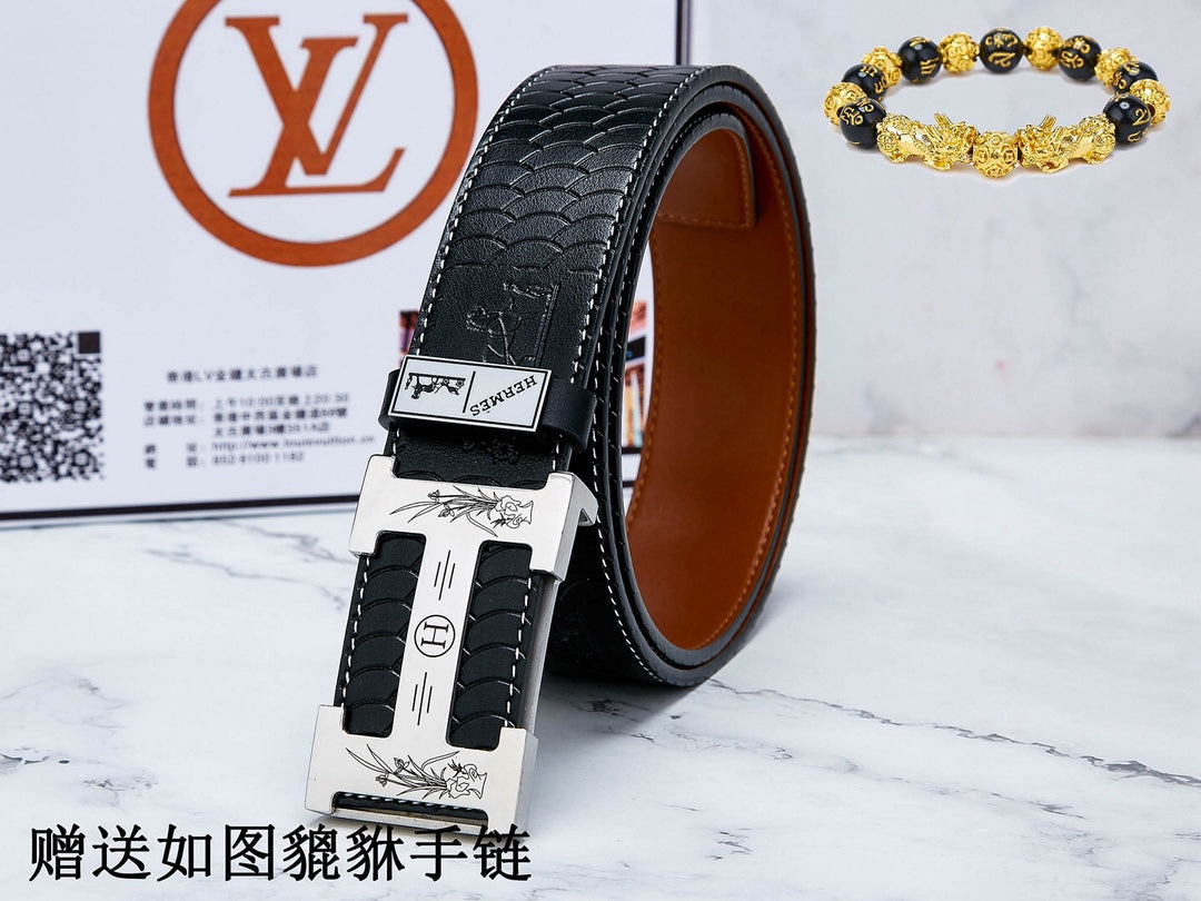 HM Constance Belt 38mm Black Brown Cowhide Sliver Buckle 619894