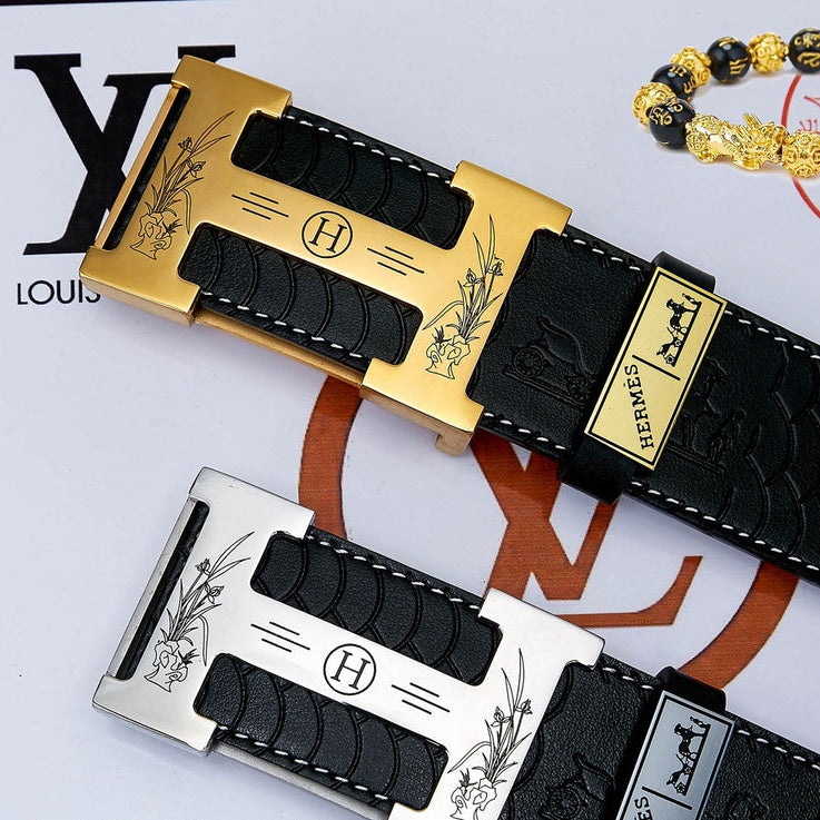 HM Constance Belt 38mm Black Brown Cowhide Sliver Buckle 619894