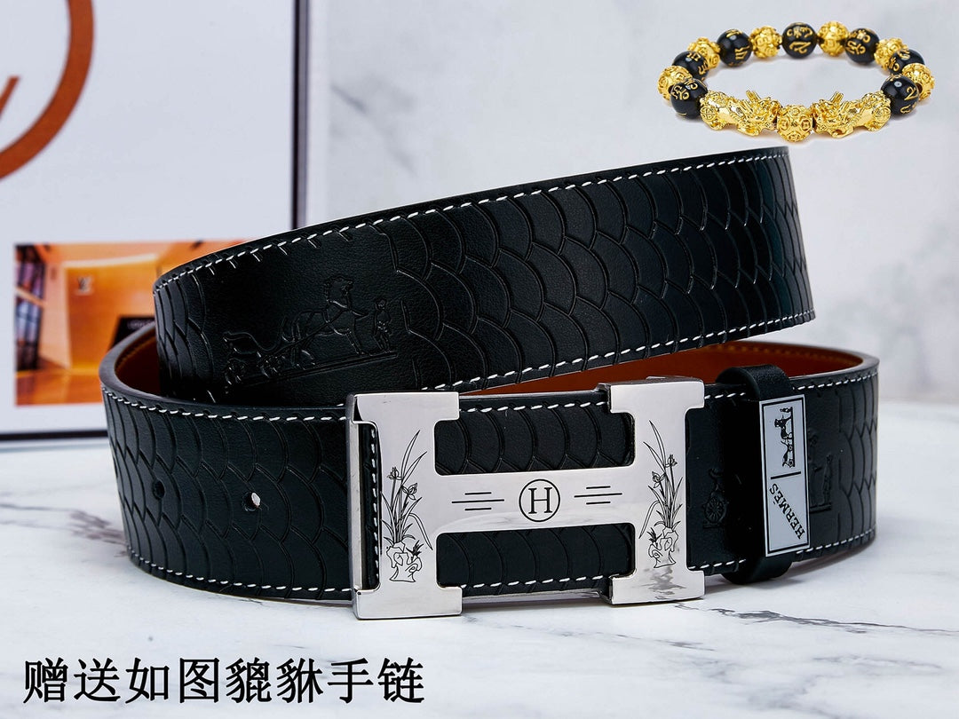 HM Constance Belt 38mm Black Brown Cowhide Sliver Buckle 619894