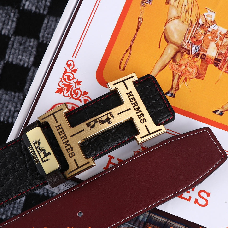 HM Belt 38mm Black Cowhide Leather Gold Buckle 619053