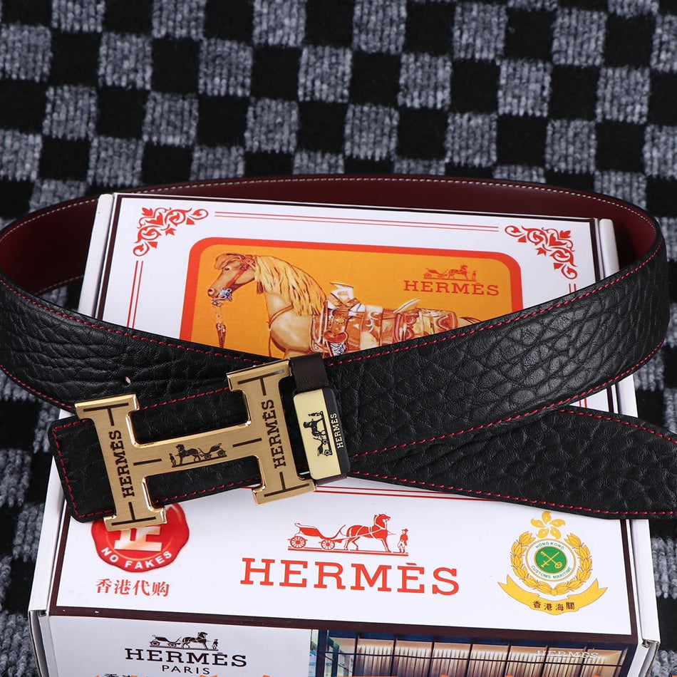 HM Belt 38mm Black Cowhide Leather Gold Buckle 619053