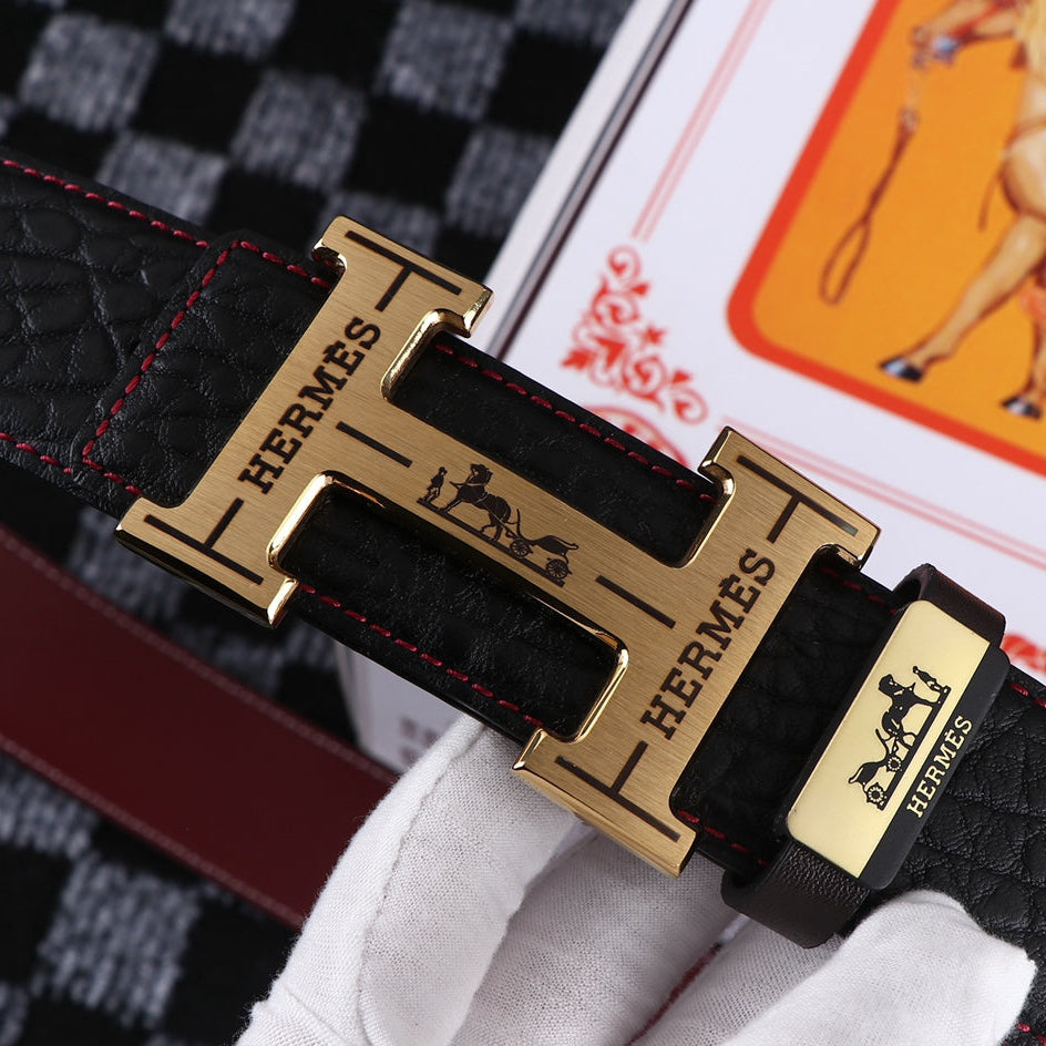 HM Belt 38mm Black Cowhide Leather Gold Buckle 619053