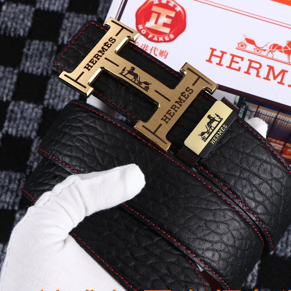 HM Belt 38mm Black Cowhide Leather Gold Buckle 619053