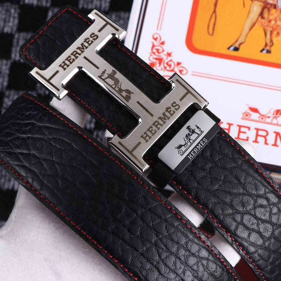 HM Belt 38mm Black Cowhide Leather Sliver Buckle 619054