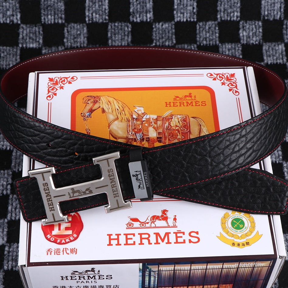 HM Belt 38mm Black Cowhide Leather Sliver Buckle 619054