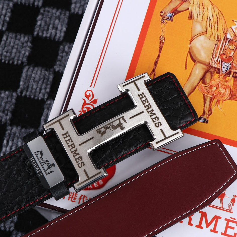 HM Belt 38mm Black Cowhide Leather Sliver Buckle 619054