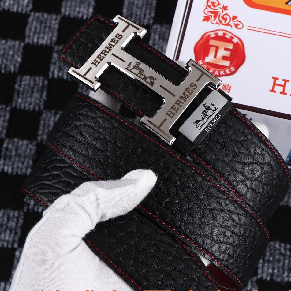 HM Belt 38mm Black Cowhide Leather Sliver Buckle 619054