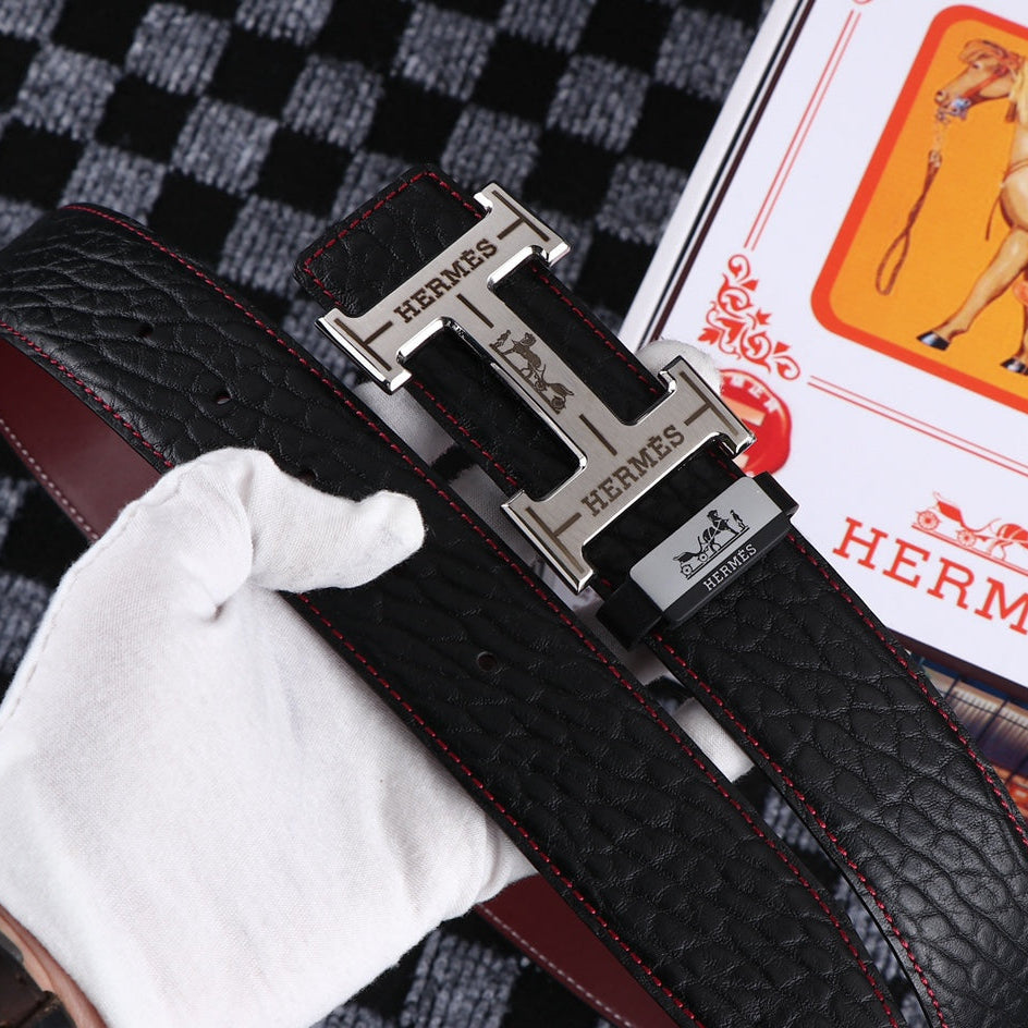 HM Belt 38mm Black Cowhide Leather Sliver Buckle 619054