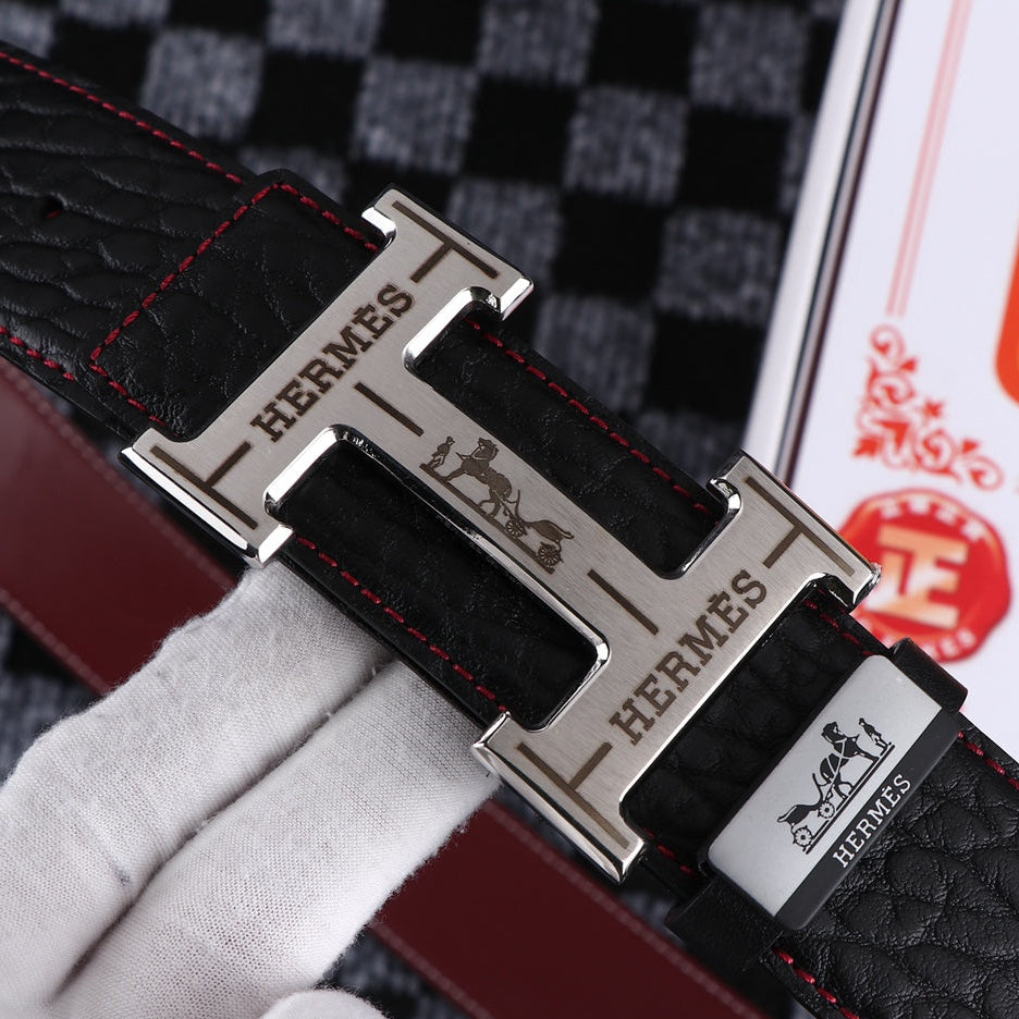 HM Belt 38mm Black Cowhide Leather Sliver Buckle 619054