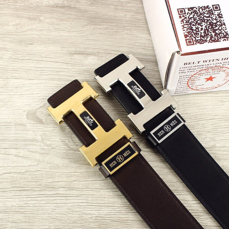 HM Double-sided Belt 38mm Black Cowhide Gold Buckle 620361