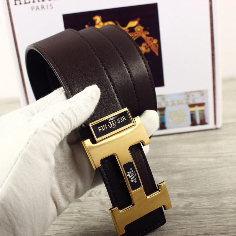 HM Double-sided Belt 38mm Black Cowhide Gold Buckle 620361