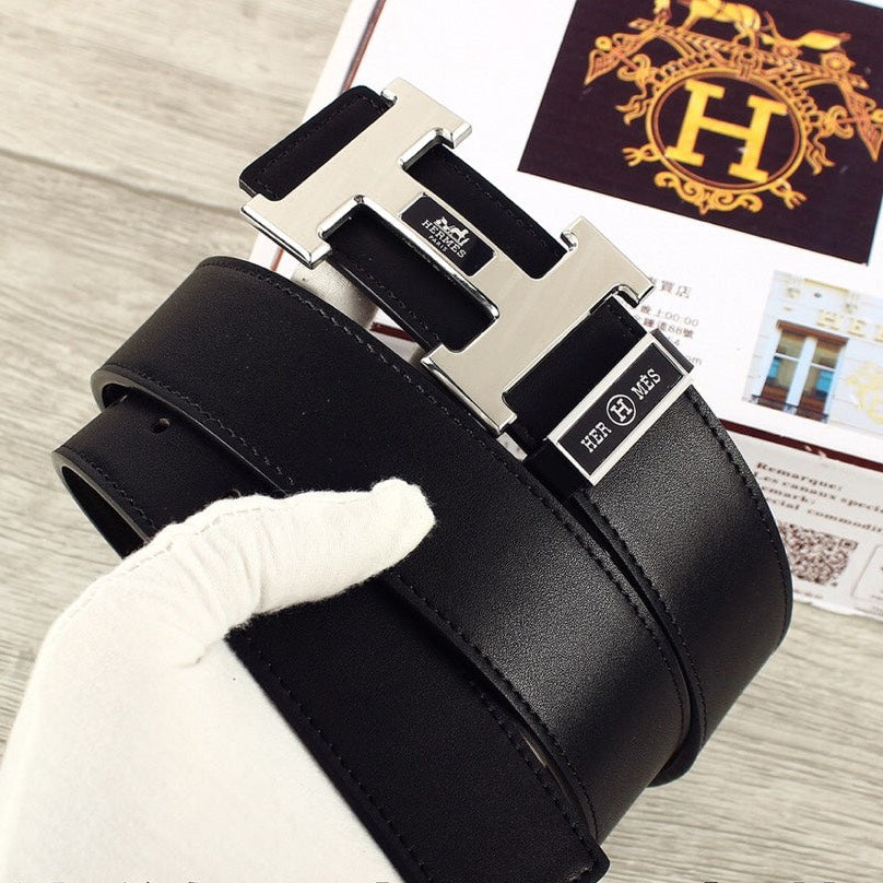 HM Double-sided Belt 38mm Black Cowhide  Sliver Buckle 620362