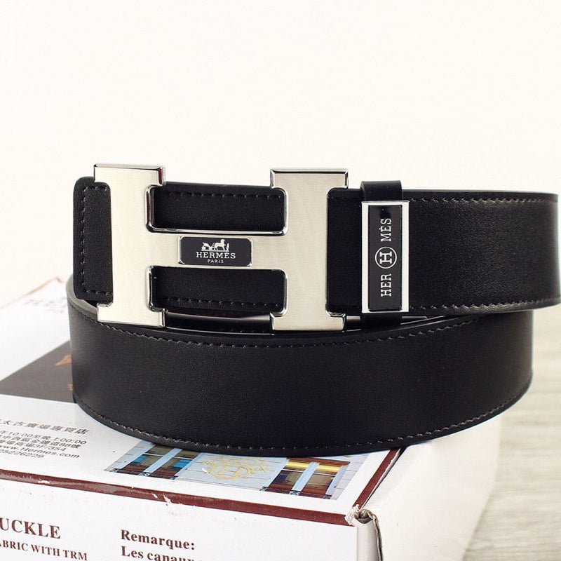 HM Double-sided Belt 38mm Black Cowhide  Sliver Buckle 620362