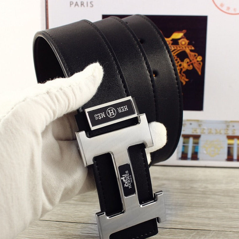 HM Double-sided Belt 38mm Black Cowhide  Sliver Buckle 620362