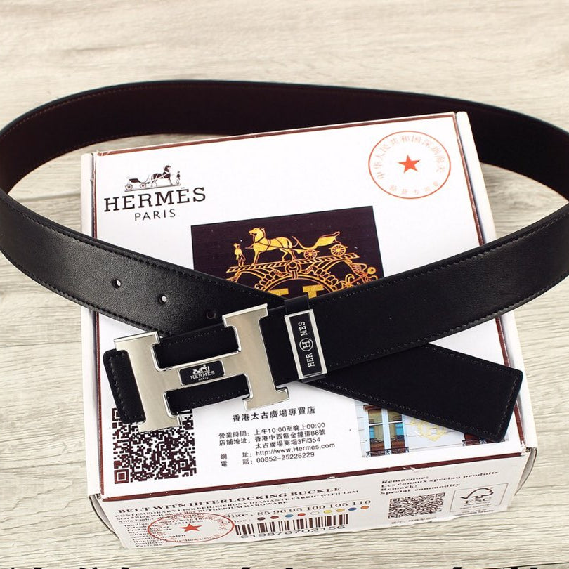 HM Double-sided Belt 38mm Black Cowhide  Sliver Buckle 620362