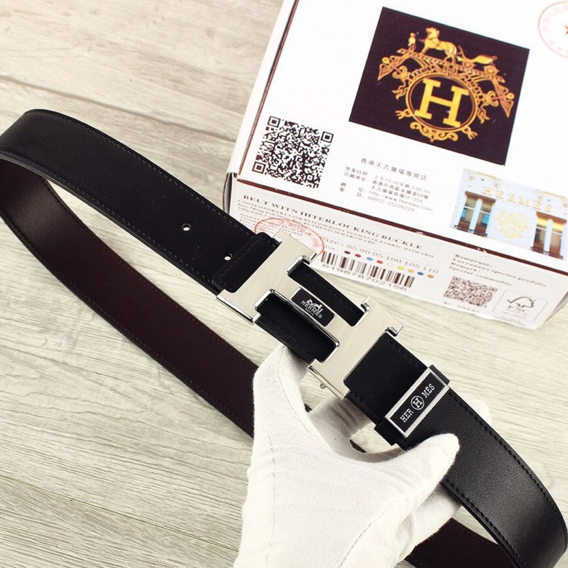 HM Double-sided Belt 38mm Black Cowhide  Sliver Buckle 620362