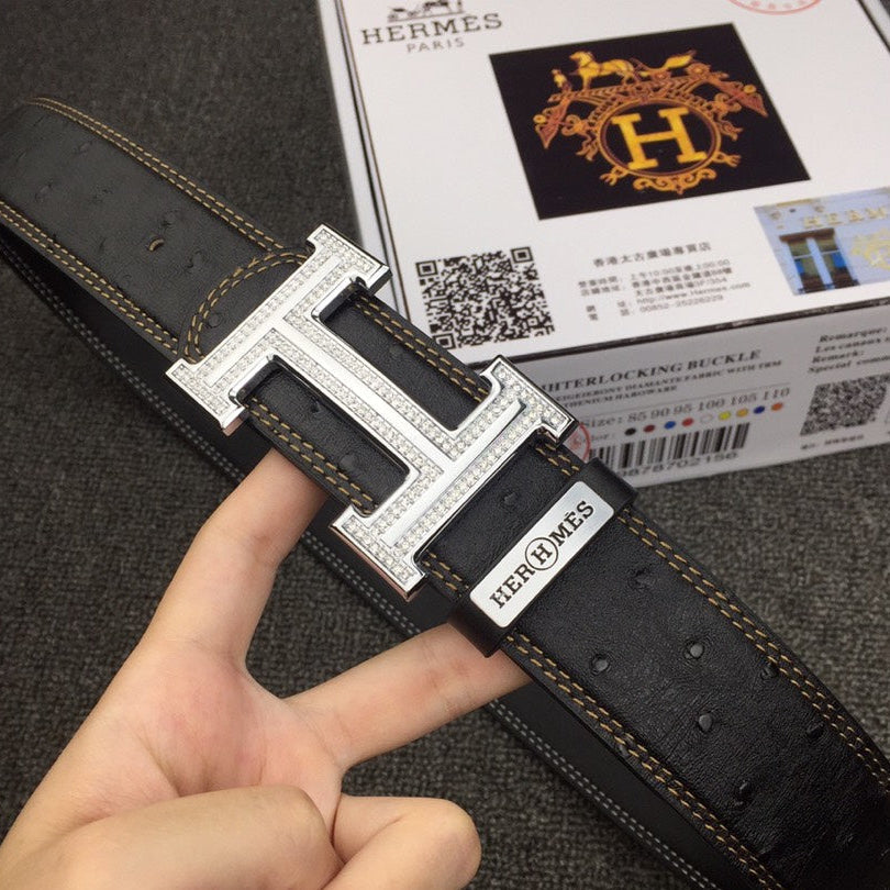 HM Belt 38mm Black Cowhide Leather Sliver Diamond Buckle 619512