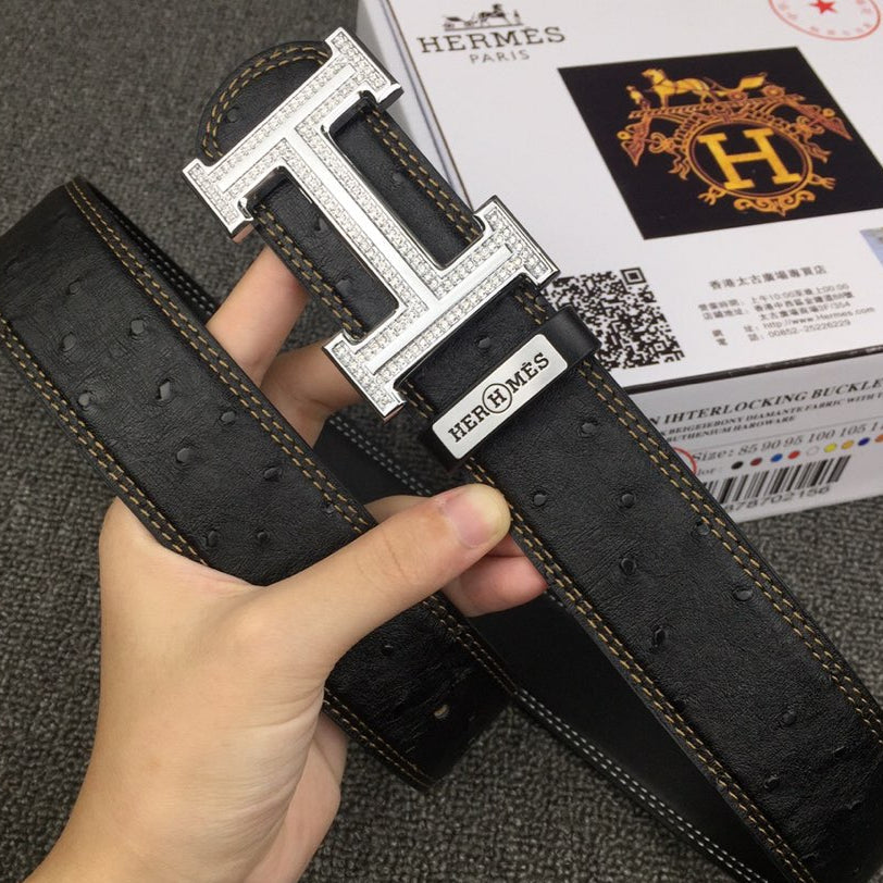 HM Belt 38mm Black Cowhide Leather Sliver Diamond Buckle 619512