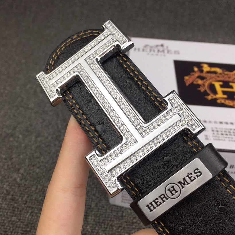 HM Belt 38mm Black Cowhide Leather Sliver Diamond Buckle 619512