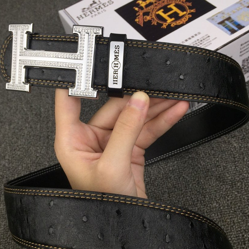 HM Belt 38mm Black Cowhide Leather Sliver Diamond Buckle 619512