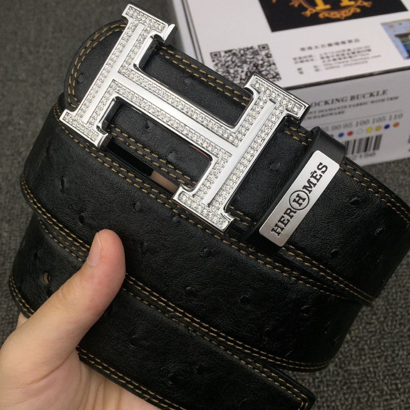 HM Belt 38mm Black Cowhide Leather Sliver Diamond Buckle 619512